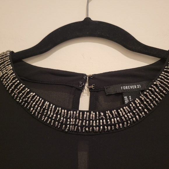 Forever 21 Embellished Rhinestone Neckline Black Sheer Long Sleeve Blouse Top - Picture 3 of 8